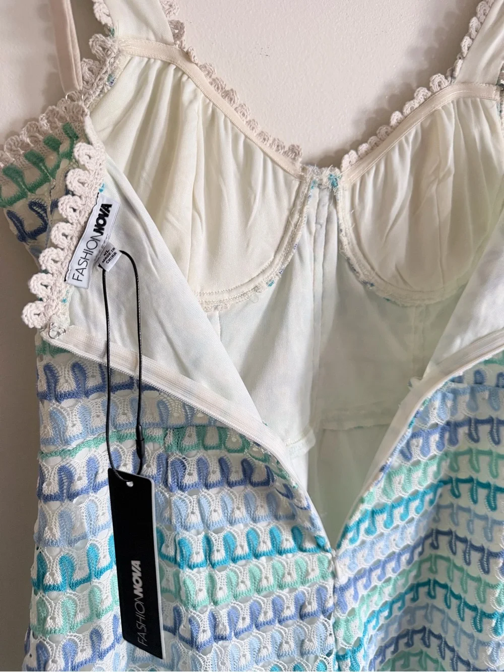 Fashion Nova Pastel Crochet-Trim One-Piece Romper in Aqua, Lavender & Mint